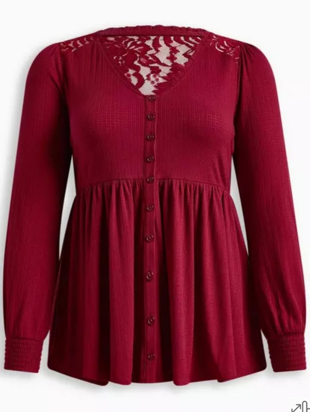 Torrid Babydoll Knit V-Neck Button-Front Red Lace Peasant Sleeve Top, Size 1X